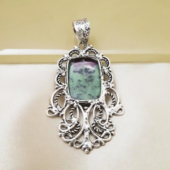 Ruby Zoisite (pd3) Pendant Natural Gems Green Purple Filigree Silver Art 2.5" L - Picture 8 of 10